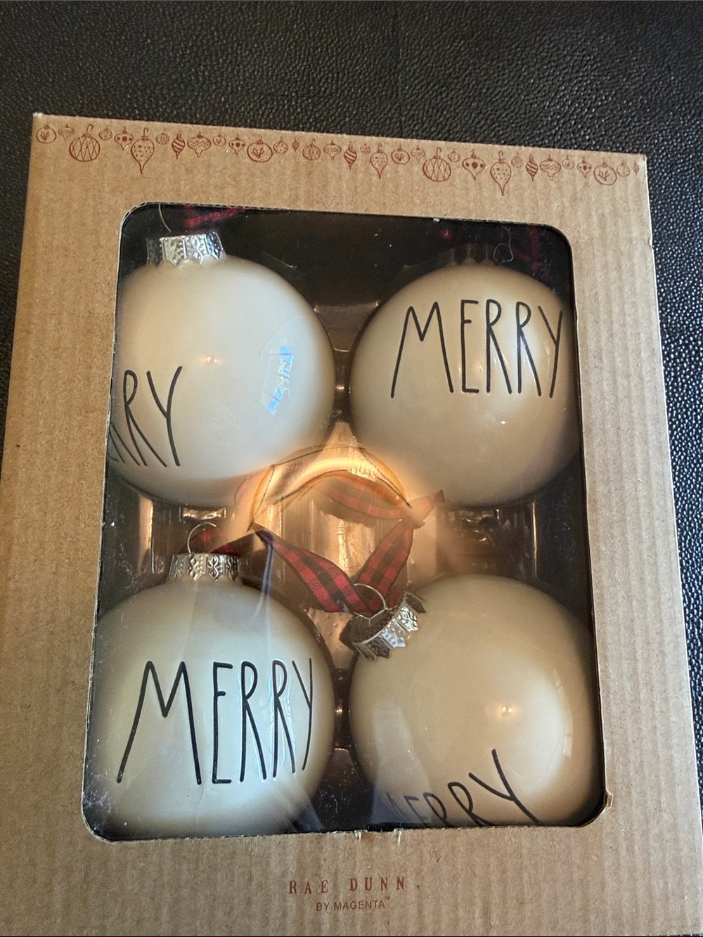 Rae Dunn Cream MERRY Ball Ornament Set with Red Plaid Ribbon set of four